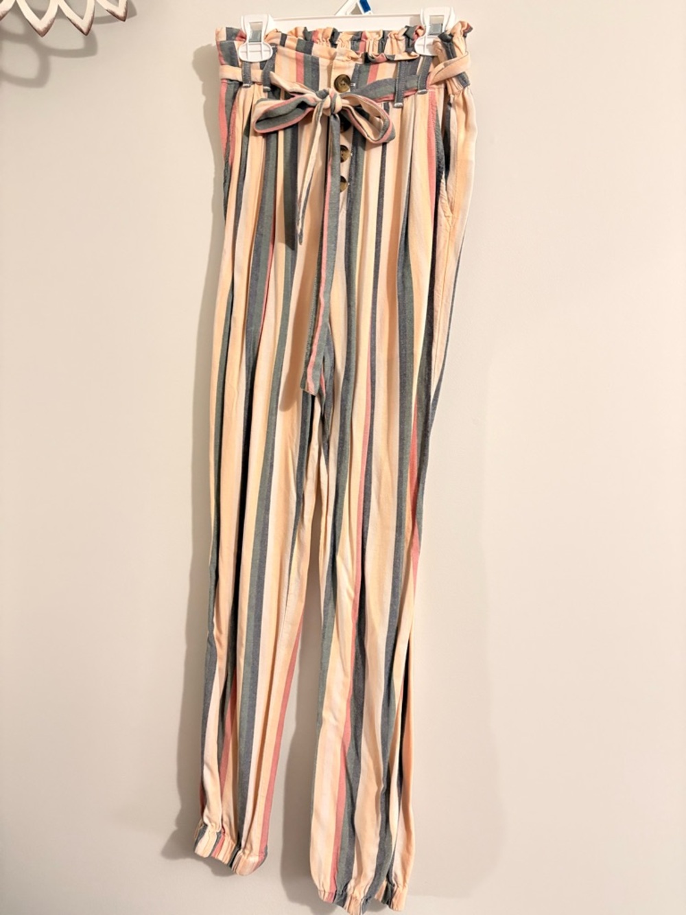 American Eagle Peach Multi Striped Paperbag Wide-Leg Pants